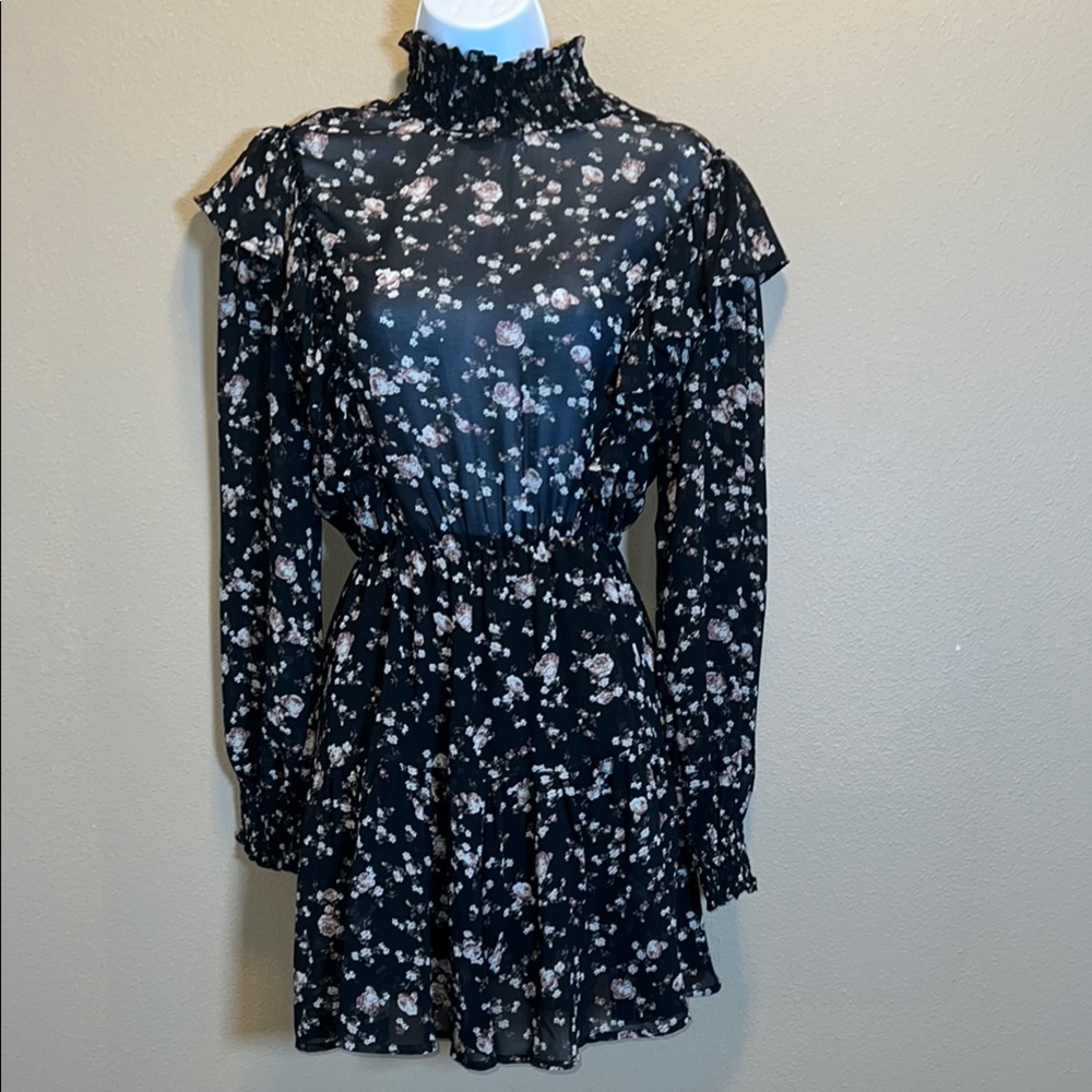 70/21 Women’s Black and Rose Floral Mini Dress with Bishop Sleeves SZ S
